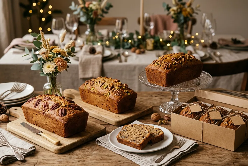 Table de fête dressée avec des cakes entiers, un plat en verre et un coffret de mini-cakes