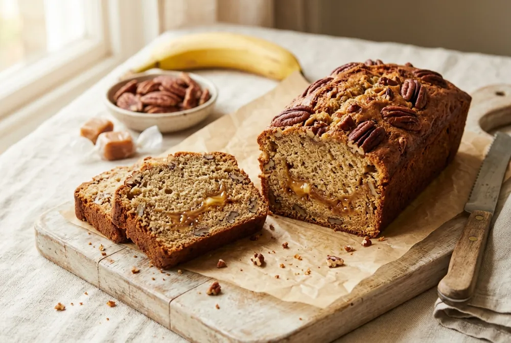 Le Caramel, banana bread au caramel beurre salé et noix de pécan, entier et tranché