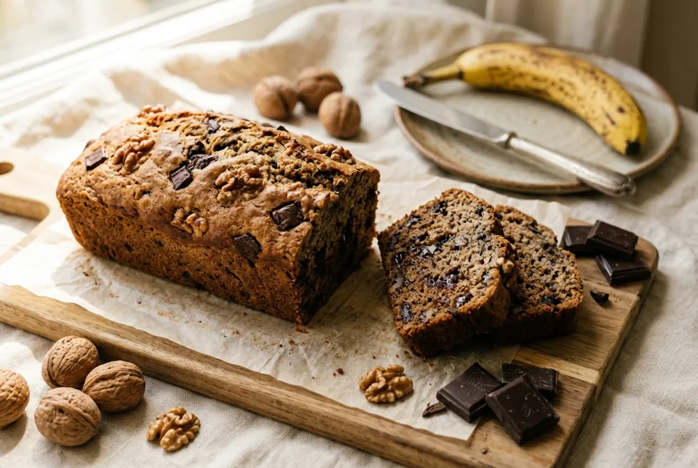 Le Classique, banana bread au chocolat noir et aux noix, entier et tranché
