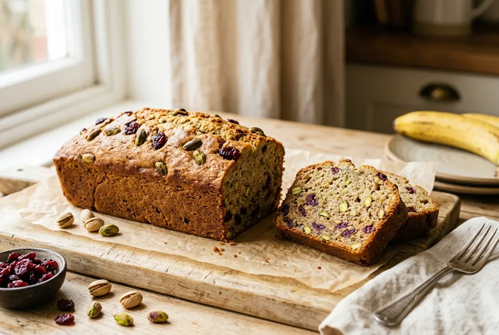 Le Pistache, banana bread aux pistaches et cranberries, entier et tranché