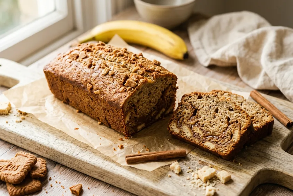 Le Spéculos, banana bread à la pâte et aux éclats de spéculos, entier et tranché