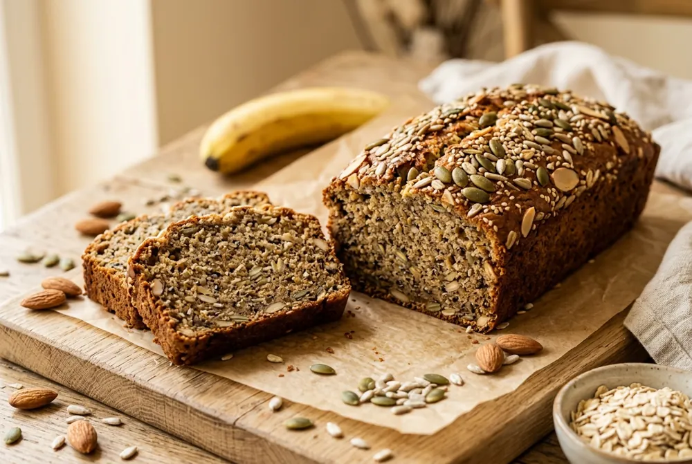 Le Sportif, banana bread aux graines, amandes et flocons d'avoine, entier et tranché