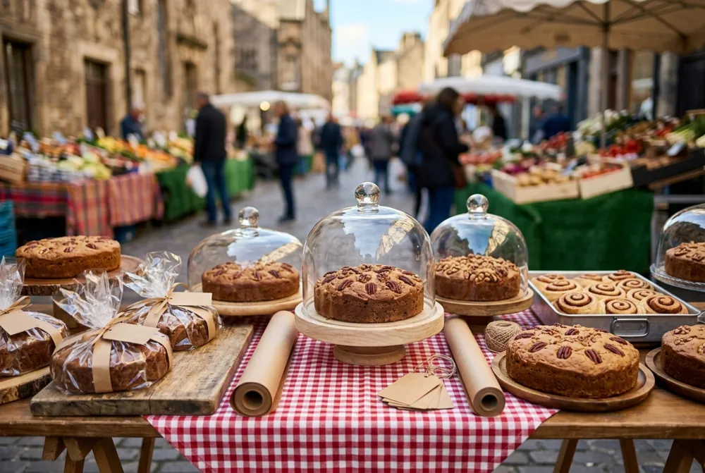 Stand de marché avec cakes sous cloches en verre et cinnamon rolls, nappe vichy rouge