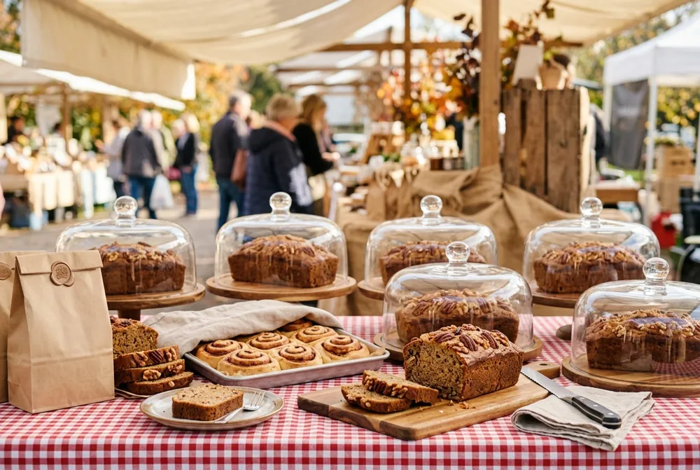 Cakes sous cloches en verre sur un stand de marché, nappe vichy rouge