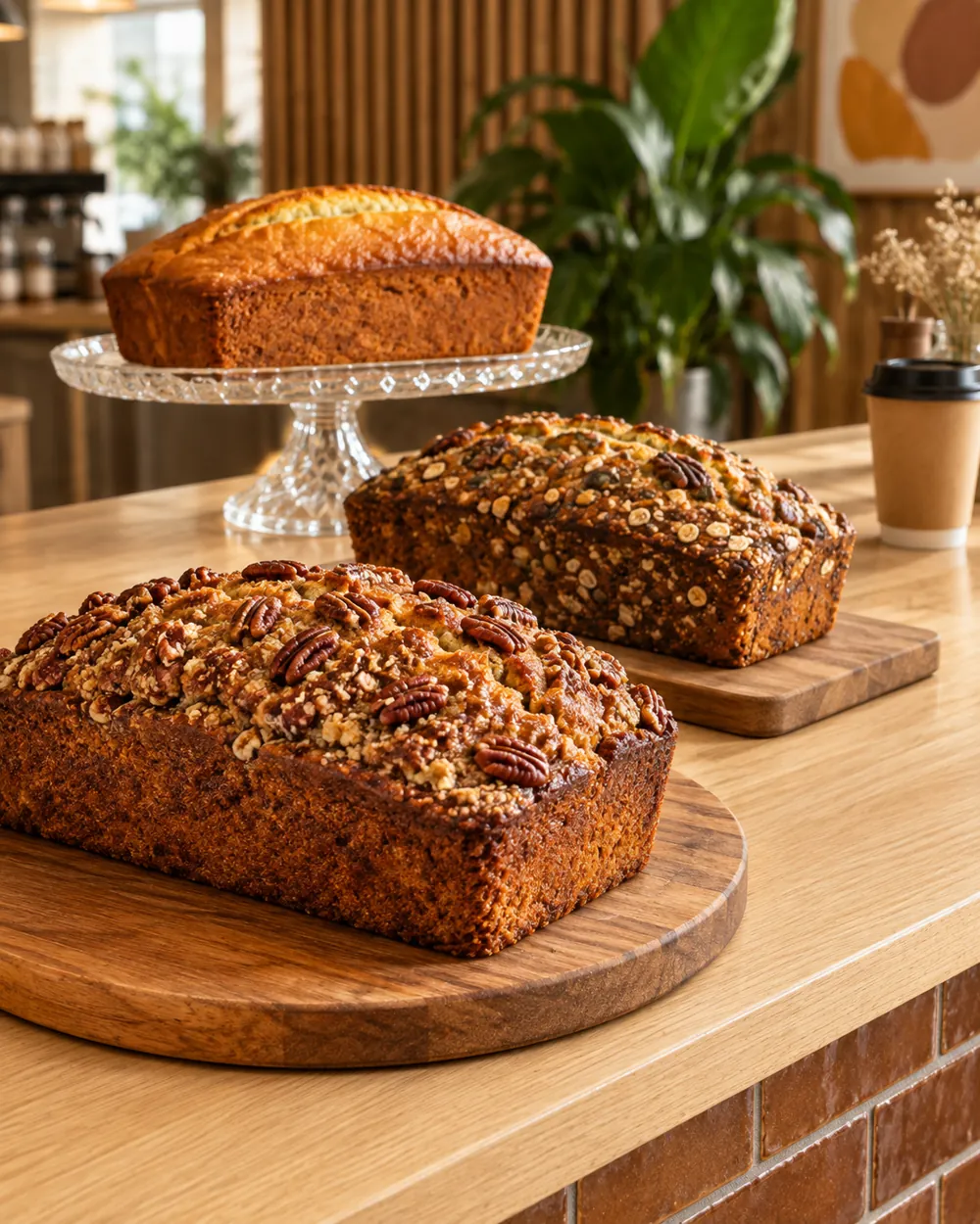 Grands cakes sur un comptoir de coffee shop, dont un sur un présentoir en verre